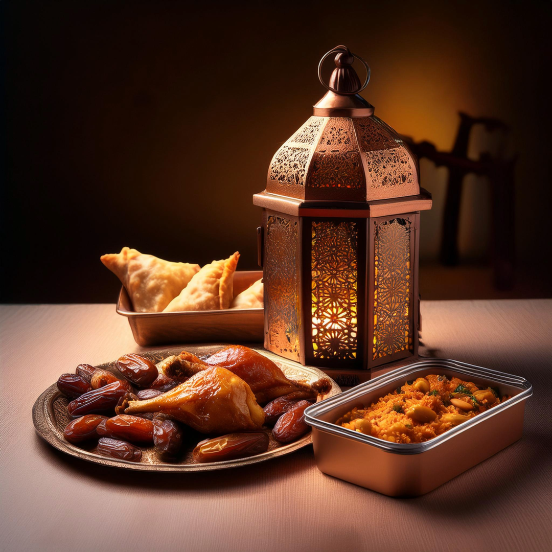 Ramadan meal beside Ramadan lantern on a table