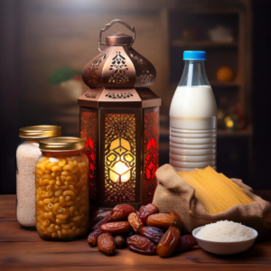 Ramadan lantern surrounded by groceries: rice, pasta, dates, sugar, and milk.