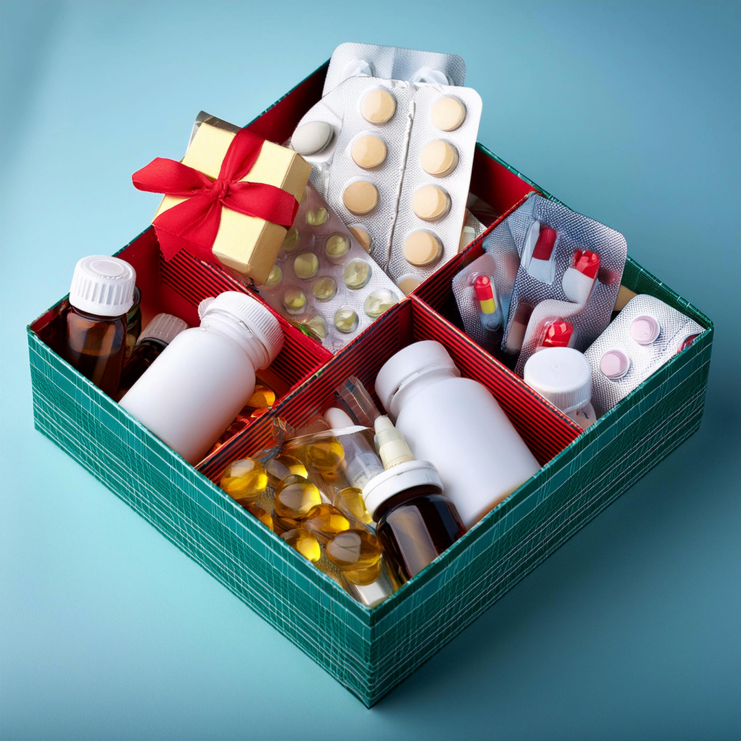 a lot of medicine into a blue gift box