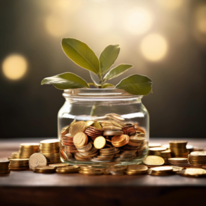 a jar filled by coins and plant grows into it