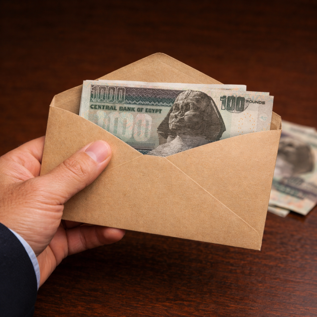 يد تمسك بظرف يخرج منه ورقة من فئة 100 جنيه مصري