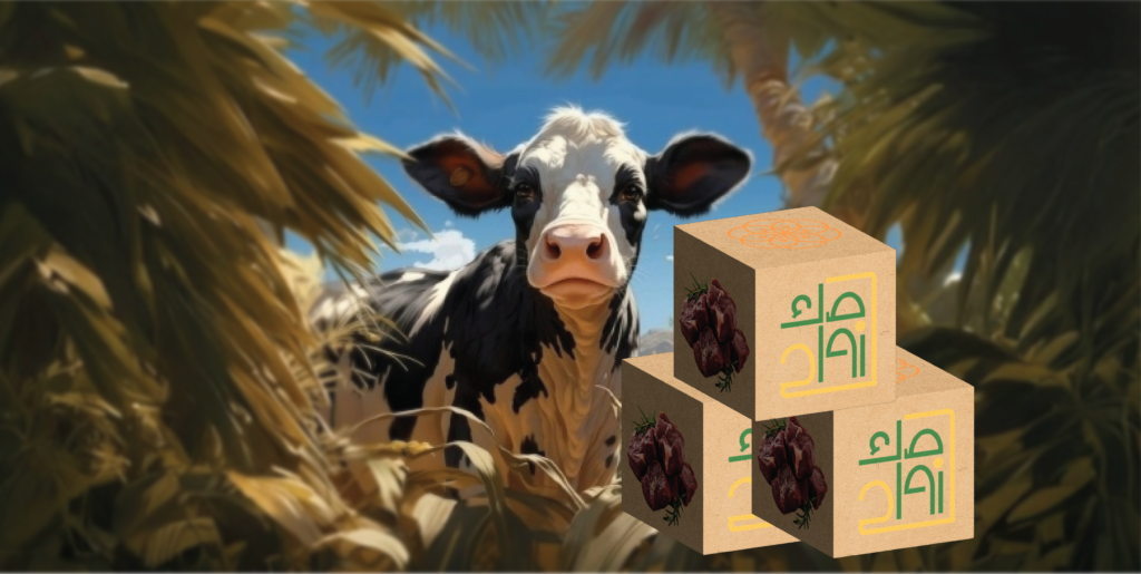 صندوق صك الأضحية يحمل شعار صك زواد وشعار زواد وصورة لحوم، في الخلفية بقرة تنظر